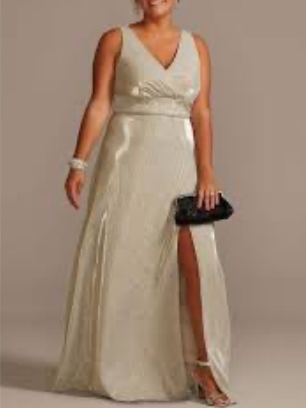 Perfect MOB or MOG Elegant Oleg Casini V-Neck Champagne Gown Side Slit 10